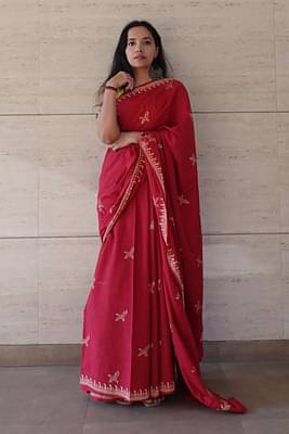 Free Sparrow - Handblock Print Natural Dyed - Red Mulmul Cotton Saree image