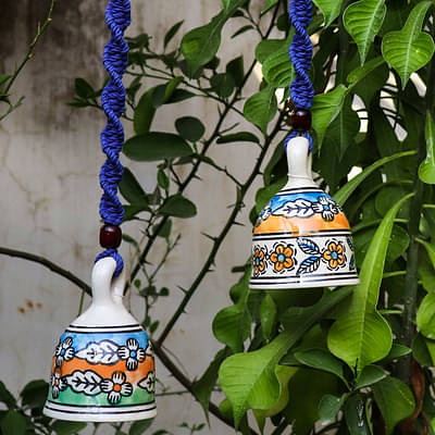 Gathari Macrame Ceramic Bells Bohemian Home Wall Décor Handmade Home Wall Decor,Decorate Your Room, Home Decor Item for Room Blue Set of 2 image