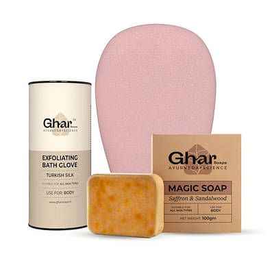 Ghar Soaps Exfoliating Body Gloves & Sandalwood Saffron Magic Soap 100Gm | Paraben Free | Chandan & Kesar Soap | Handmade Soap For Men & Women | Glowing Natural Refreshing Skin | Tan Removal image