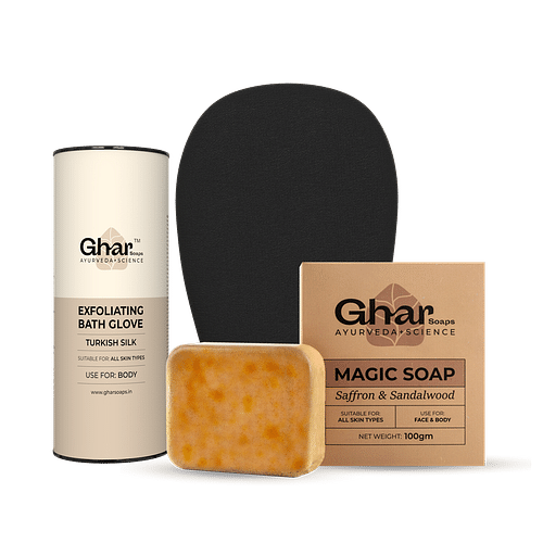 Ghar Soaps Exfoliating Body Gloves & Sandalwood Saffron Magic Soap 100Gm image