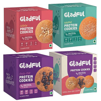 Gladful Try-Them-All Protein Cookies  (Choco-Chip, Cashew, Coconut, Assorted)) (80Gm, Pack Of 4) image