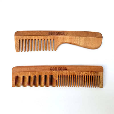 Goli Soda Neem Wood Combs - Wide Tooth With Handle & Double Tooth image