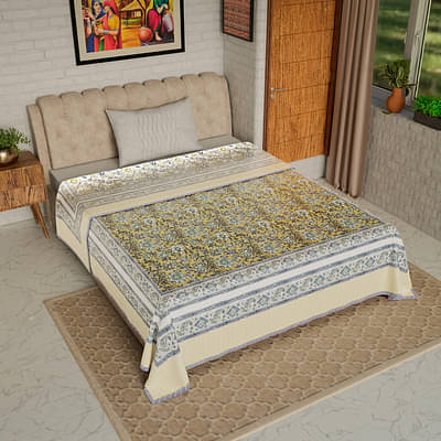 Green Blue Yellow Floral - Hand Block Printed Single Bed Cotton Dohar image