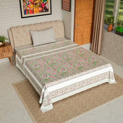 Green Pink Dark Floral - Hand Block Printed Single Bed Cotton Dohar image