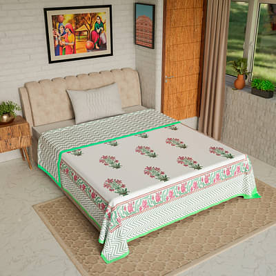 Green Pink Plant - Hand Block Printed Single Bed Cotton Dohar image