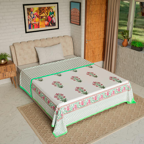 Green Pink Plant - Hand Block Printed Single Bed Cotton Dohar image