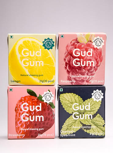 Gud Gum- Natural Chewing Gum- Charcoal Mint, Raspberry, Strawberry, Lemon Flavour- Sugar Free, Biodegradable- Combo pack of 4 (60 chewing gums) image