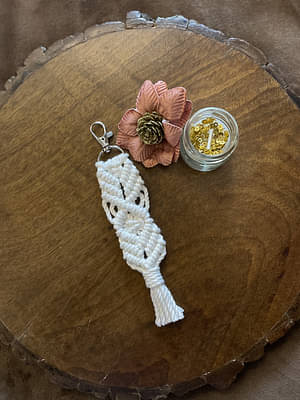 Handcrafted Knotted Natural Macrame Cotton Key Chain With Lobster Clasp White And Beige image