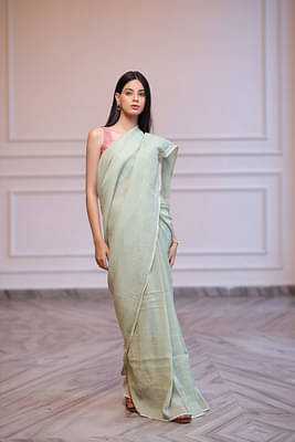 Handwoven Linen Saree Crafted In Green Colored Base With Red And White Striped Aanchal image