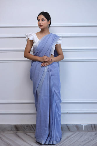 Handwoven Linen Saree Crafted In Mauve Colored Base With Silver Zari Border And Striped Aanchal image