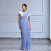 Handwoven Linen Saree Crafted In Mauve Colored Base With Silver Zari Border And Striped Aanchal