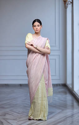 Handwoven Linen Zari Saree Crafted In Pink And Yellow Hues image