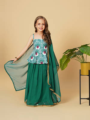 Heart Loom Three Piece Green Party Wear Lehnga Top Dupatta Set image