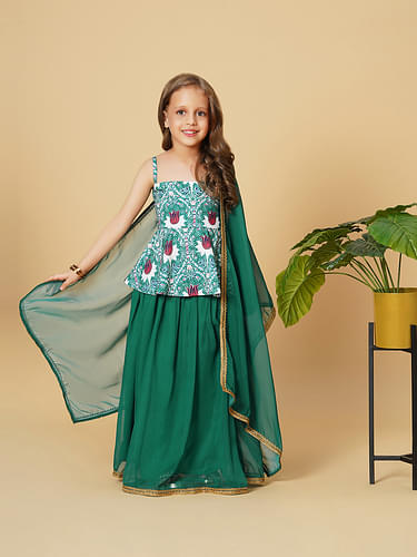 Heart Loom Three Piece Green Party Wear Lehnga Top Dupatta Set image