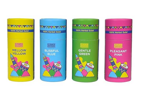 Help Us Green Holi Ke Rang - 4 Scent Shades Of Holi Colours (Pink, Yellow, Blue, Green), Non-Toxic Colours, Soft And Smooth On Skin, Washable, Easy To Remove,Pack Of 4,100Grm X 4 image