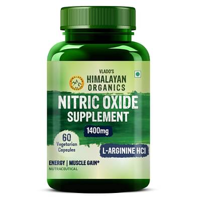 Himalayan Organics Nitric Oxide Supplement with L- Arginine HCL 1400mg/Serve with Caffeine | Muscle Growth, Stamina, Recovery, Energy & Immunity | 60 Veg Capsules image