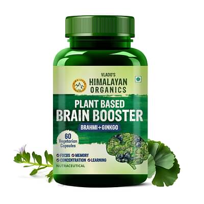 Himalayan Organics Plant Based Brain Booster Supplement with Ginkgo Biloba & Brahmi | Boost concentration & Memory | 60 Veg Capsules image