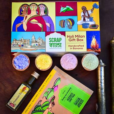 Holi Milan Gift Box | Four Packs of Natural Gulaal | Thandai Mix | Safe for Kids | Handmade in Banaras image