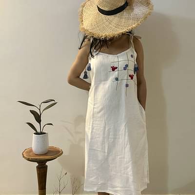 Ikriitm White Flora Linen Dress image