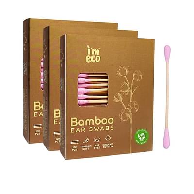 Imeco Natural Bamboo Cotton Swabs | 100 Soft Double-Tip Ear Swabs | Biodegradable & Gentle For Personal Care, Baby Care, And Makeup Application (Pack Of 3) image