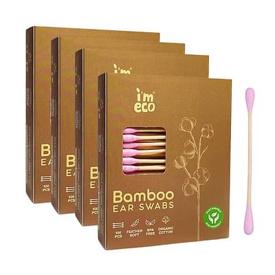 Imeco Natural Bamboo Cotton Swabs | 100 Soft Double-Tip Ear Swabs | Biodegradable & Gentle For Personal Care, Baby Care, And Makeup Application (Pack Of 4) image