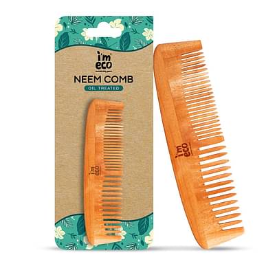 Imeco Neem Wood Comb Dual Tooth - Oil Treated | Soaked In 13 Herbs & Sesame Oil, Eco-Friendly | Oil Treated In Ayurvedic Kitchen For More Than 24 Hours With Neem Oil (Pack Of 1) image