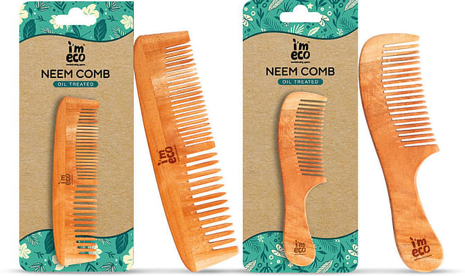 Imeco Oil-Treated Neem Dual & Wide Tooth Wood Comb | Anti-Static & Eco-Friendly | Gentle & Nourishing Hair Care | Suitable For All Hair Types (Pack Of 2) image