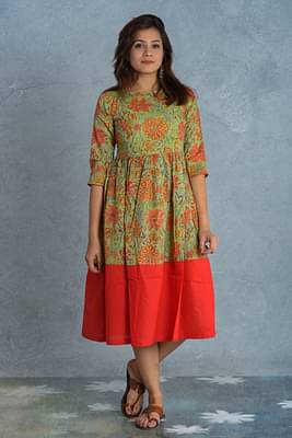 Kalp Green Flora Dress - Green & Red image