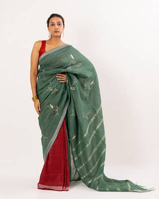 Kasia Green Maroon Embroidered Handwoven Linen Saree  5.5mtrs - Green & Maroon image