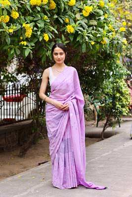 Kasia Lavender Summer Dew Block Printed Mulmul Saree image