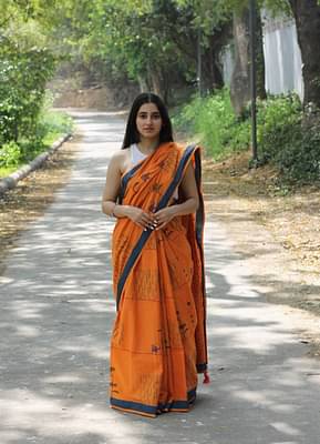 Kasia Orange Summer Candy Block Printed Mulmul Saree image