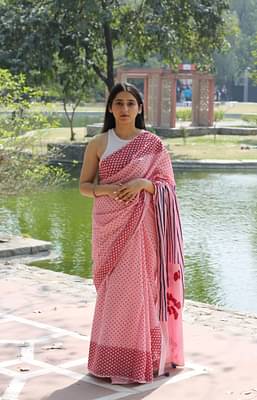 Kasia Pink Summer Soul Block Printed Mulmul Saree image