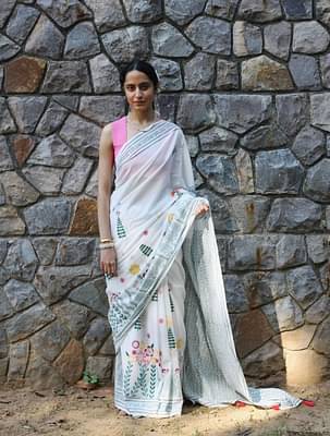 Kasia White Summer Garden Block Printed Mulmul Saree image