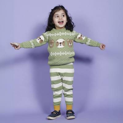 Kids of Greendeer Enchanting Bear Jacquard 100% Cotton Sweater with Lower  - Pistachio Green - Set of 2 image