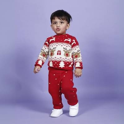 Kids of Greendeer Jaunty Reindeer Jacquard 100% Cotton Sweater with Lower - Cherry Red - Set of 2 image