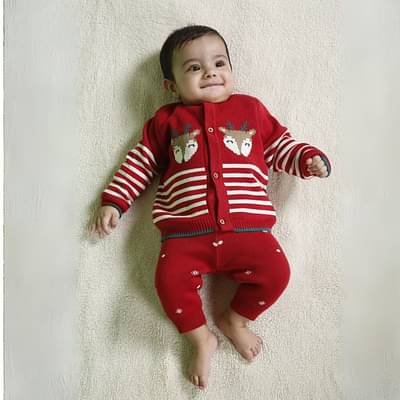 Kids of Greendeer Joyful Reindeer Jacquard 100% Cotton Sweater with Lower  - Cherry Red - Set of 2 image