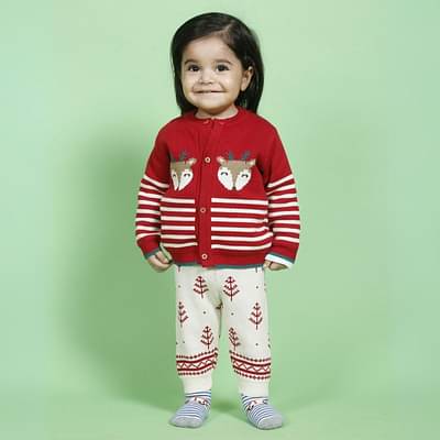 Kids of Greendeer Joyful Reindeer Jacquard 100% Cotton Sweater with Lower - Crème & Cherry Red - Set of 2 image