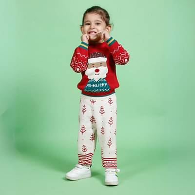 Kids of Greendeer Santa Jacquard 100% Cotton Sweater with Lower - Crème & Cherry Red - Set of 2 image