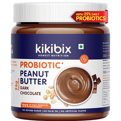 Kikibix All Natural Dark Chocolate Peanut Butter, 26g Protein, No Refined Sugar, Pure Chocolate, No Added Oil, No Transfat, Added Probiotic- 25% Daily Requirement 340 gm image