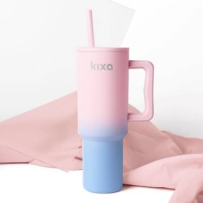 Kixa 1200 ML Insulated Tumbler with Lid and Straw, Stainless Steel Tumbler Cup with Handle, Leakproof Mug Cupholder for Office, Gym, Travel 1.2 Litre - Pink-ish Blue image