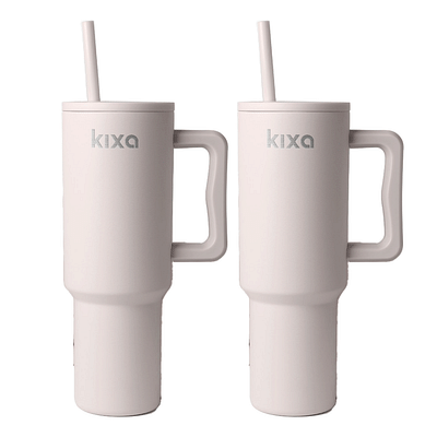 Kixa Insulated Tumbler with Lid and Straw, Stainless Steel Tumbler Cup with Handle, Leakproof Mug Cupholder for Office, Gym, Travel 1.2 Litre (Biscotti)- Pack of 2 image