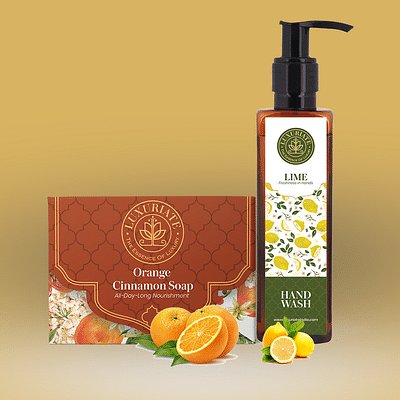 Luxuriate Combo Pack For Naturally Orange And Cinnamon Refreshing Handmade Soap (125 Gm) And Lime Freshness Hand Wash (200 Ml) | (Combo Pack Of 2) image