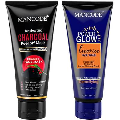 Mancode Activated Charcoal Peel Off Mask For Men & Women 100Ml | Glow Face Wash For Men 100Ml|Combo Set ( Pack Of 2) image