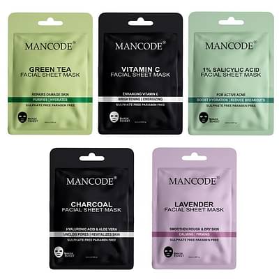 Mancode Green Tea,Vitamin C, 1% Salicylic Acid,Charcoal,Lavender,Facial Sheet Mask Each 25 Ml Pack 5 image