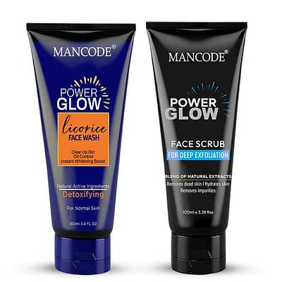 Mancode Power Glow Face Wash & Power Glow Scrub Combo for Men, Deep Cleanse & Exfoliate, Boosts Radiance & Reduces Blackheads, 100ml Each| Pack of 2 image