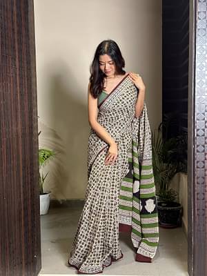 Mandana- Bagru Natural Dyes Handblock Printed - Cotton Mulmul Saree image