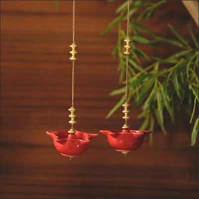 Mandir Hanging Red Diya (Set Of 2) image