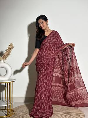 Mocha Coffee- Handblock Print Natural Dyed - Mulmul Cotton Saree image