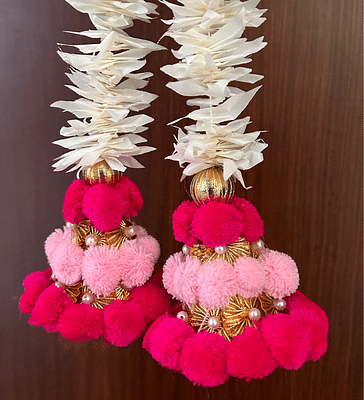 Mogra With Pom Pom Door Hanging Toran |Door Hanging | Temple Décor | 4Feet | Pair | Hot Pink Color image