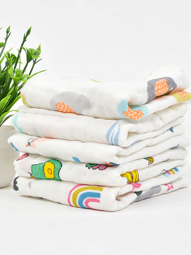 Moms Home Muslin Wash Cloth Towels Cum Wipes Multi Print Pack Of 5 - White image